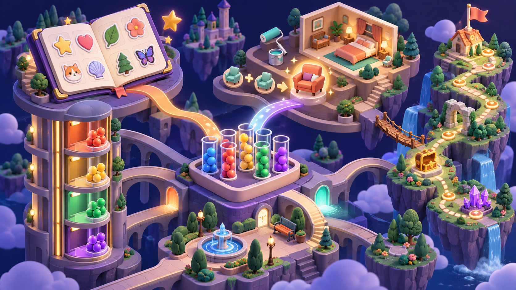 Isometric puzzle world with a sticker album, sorting elevator, makeover room, and quest path