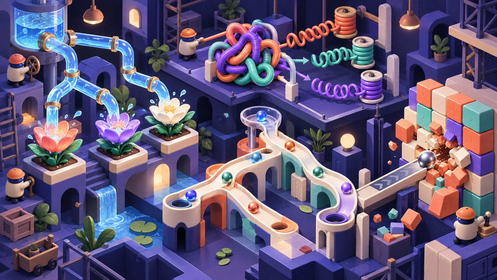 Isometric puzzle workshop with flower pipes, tangled springs, marble routes, and smashed blocks