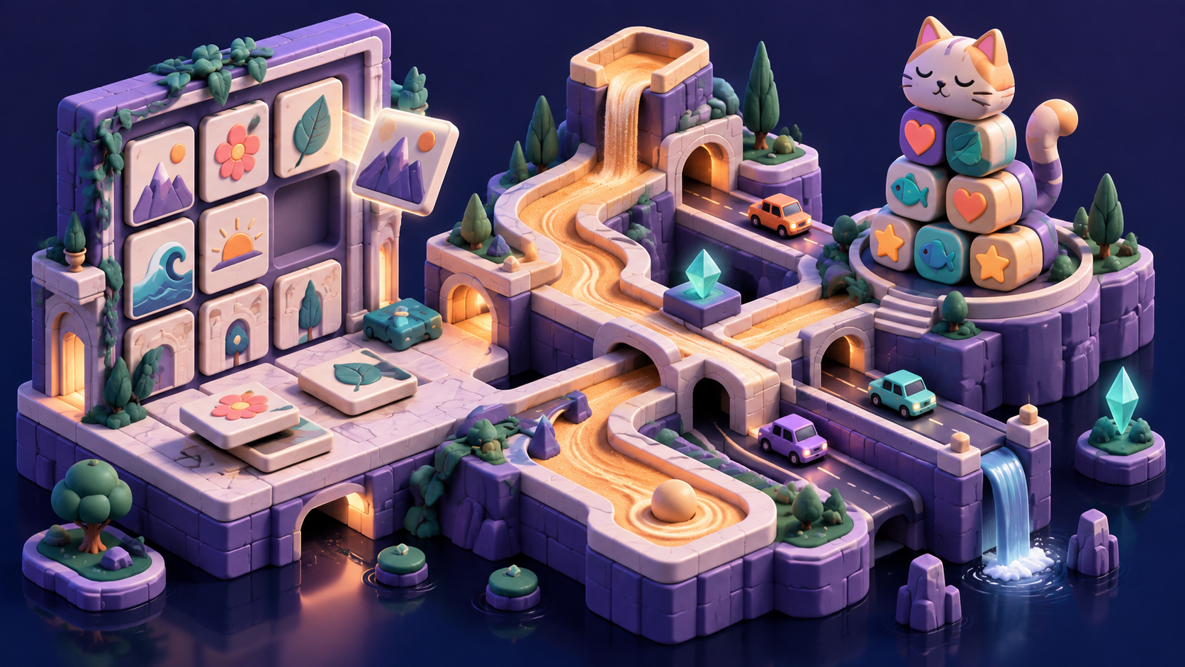Isometric puzzle diorama combining picture tiles, sand traffic, and cat-shaped merge pieces