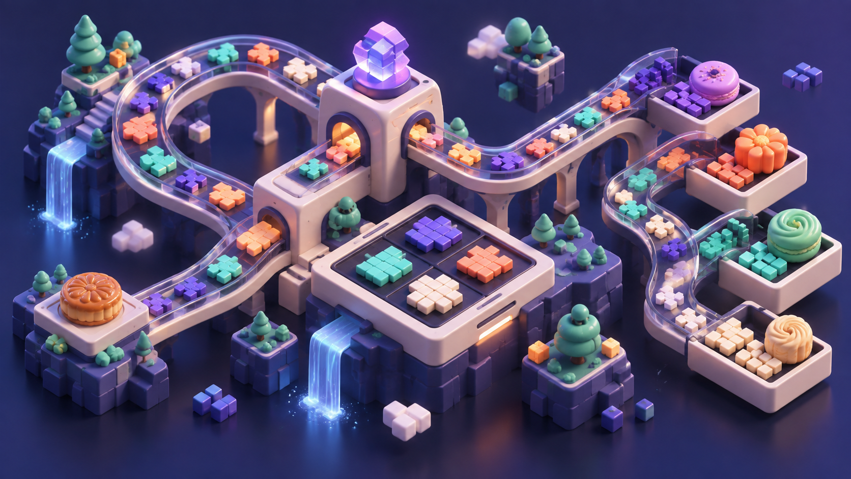Isometric puzzle world with pixel tiles, pastry pieces, and looping channels