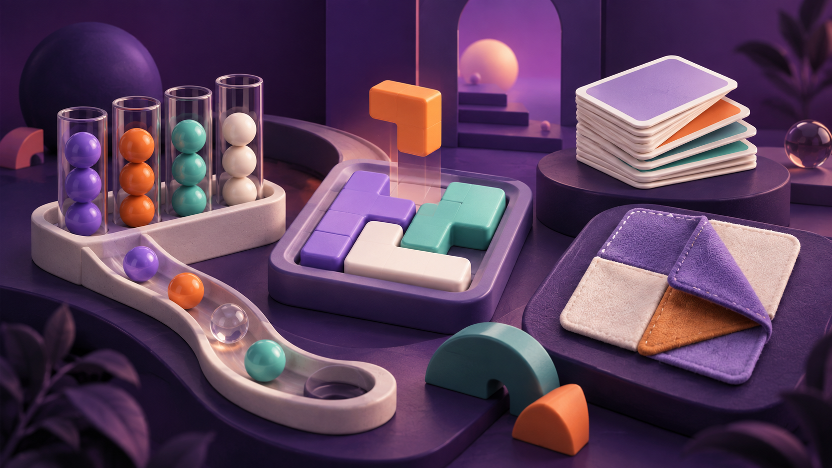 Colorful puzzle pieces, cards and marbles arranged as an editorial game world