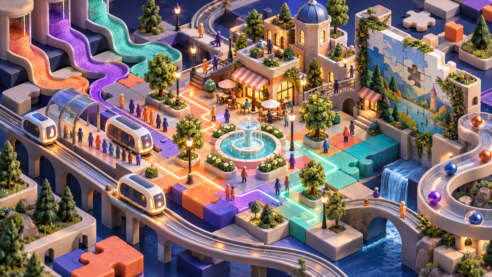 Isometric puzzle city built from color-sorting routes, sand channels, jigsaw architecture, and marble tracks