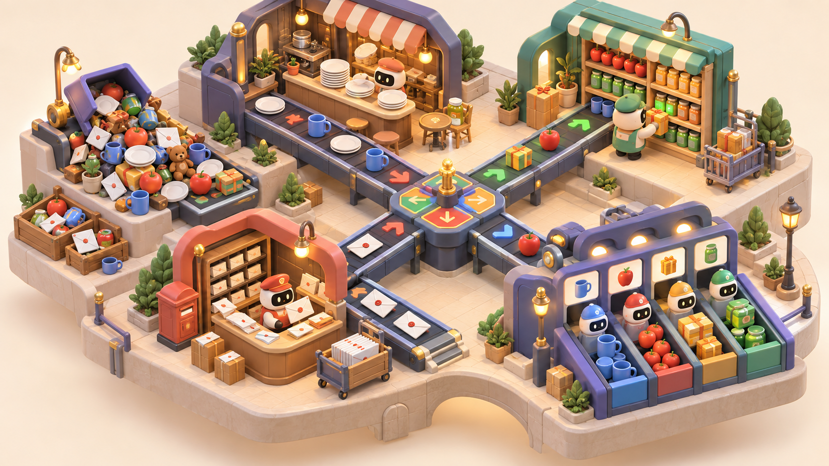 Isometric sorting workshop routing plates, groceries, parcels, and mail from a messy pile into an orderly café, shop, and post office