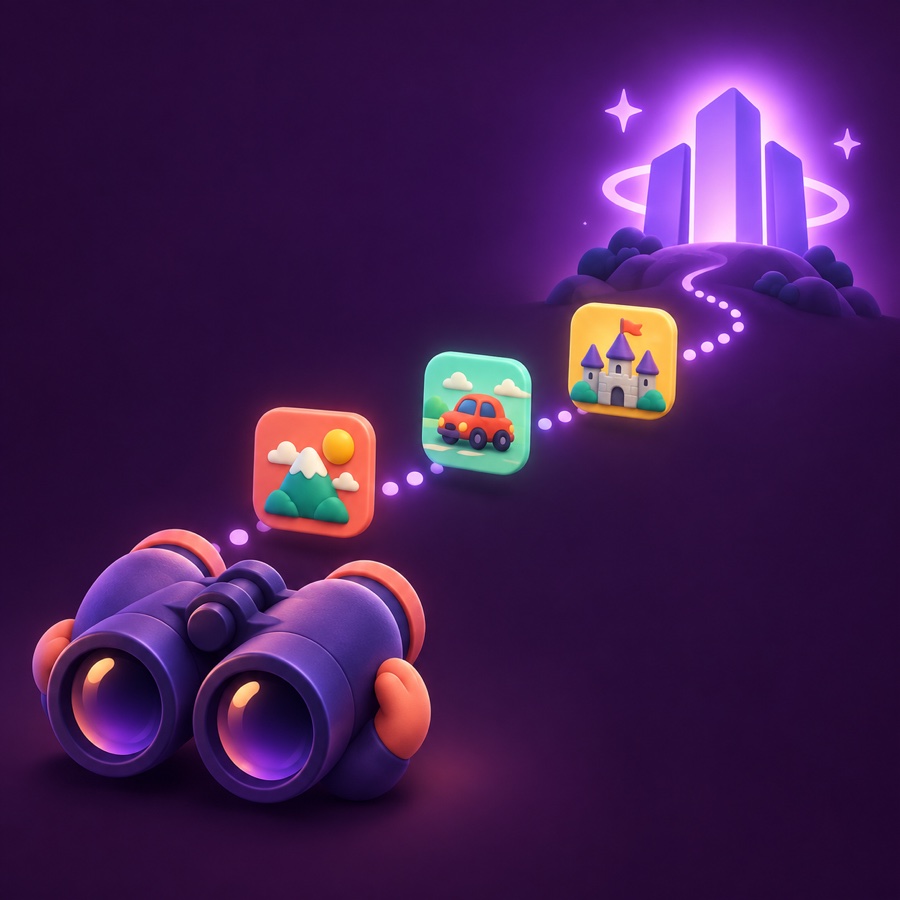 Binoculars following a trail of game tiles back to their publisher