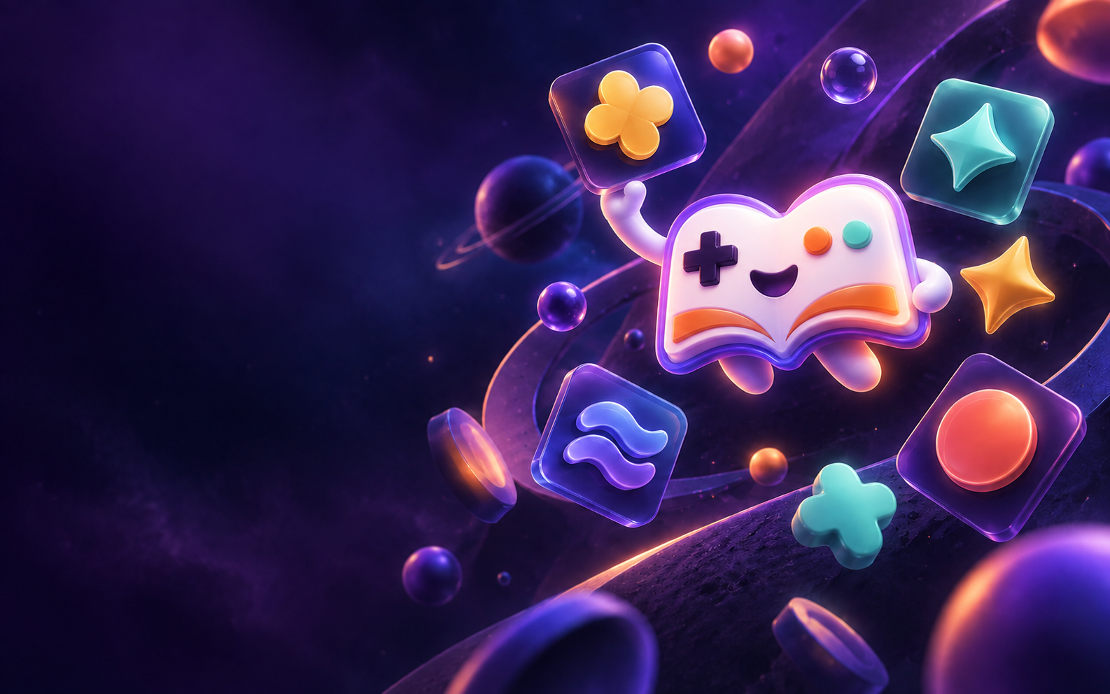 A playful book and game-controller mascot exploring a colorful game world