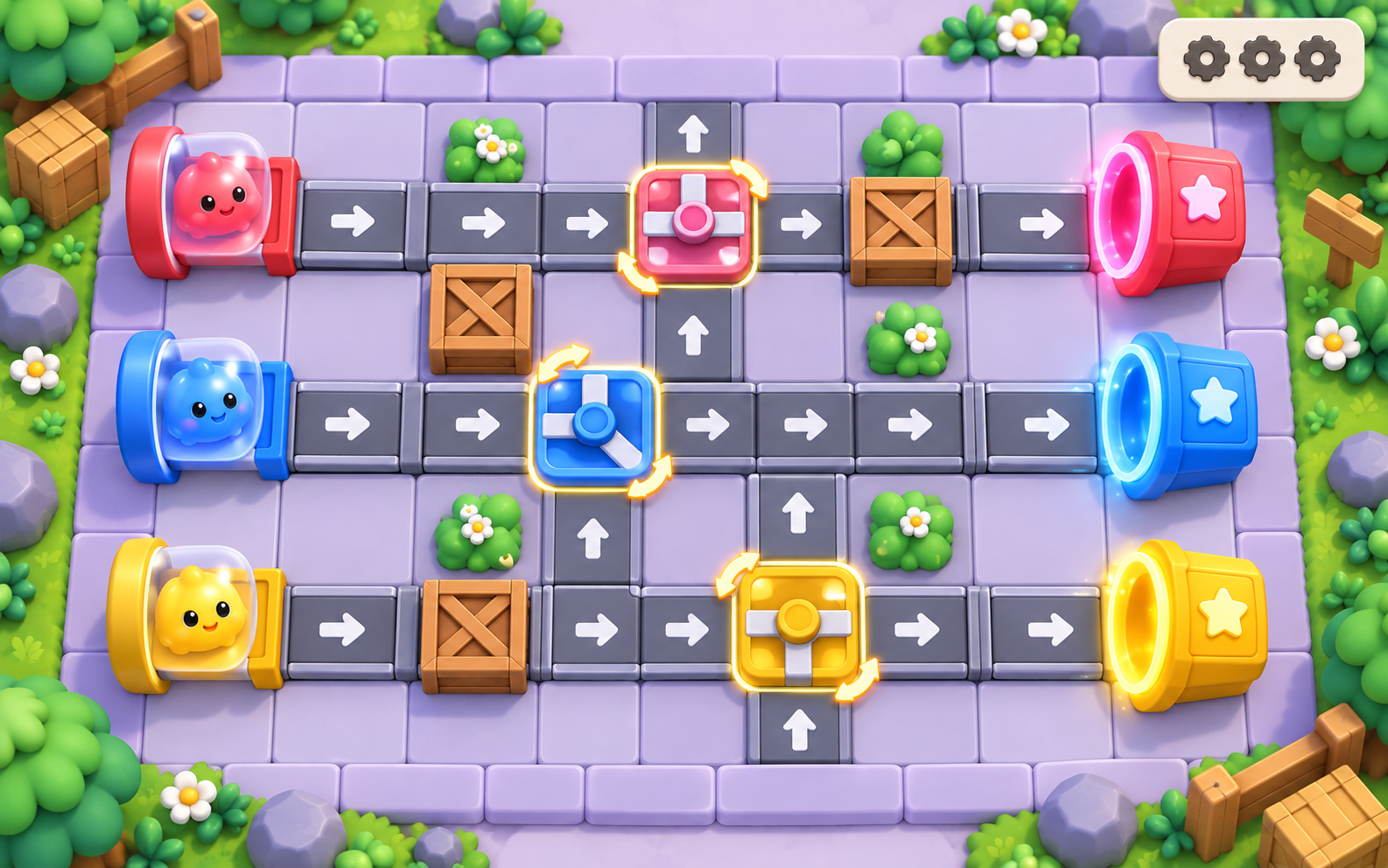 A colorful puzzle level where players rotate junctions to route jelly creatures into matching portals