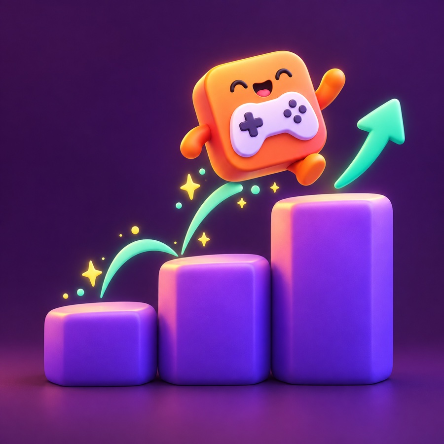 A cheerful game tile jumping upward across a rising chart